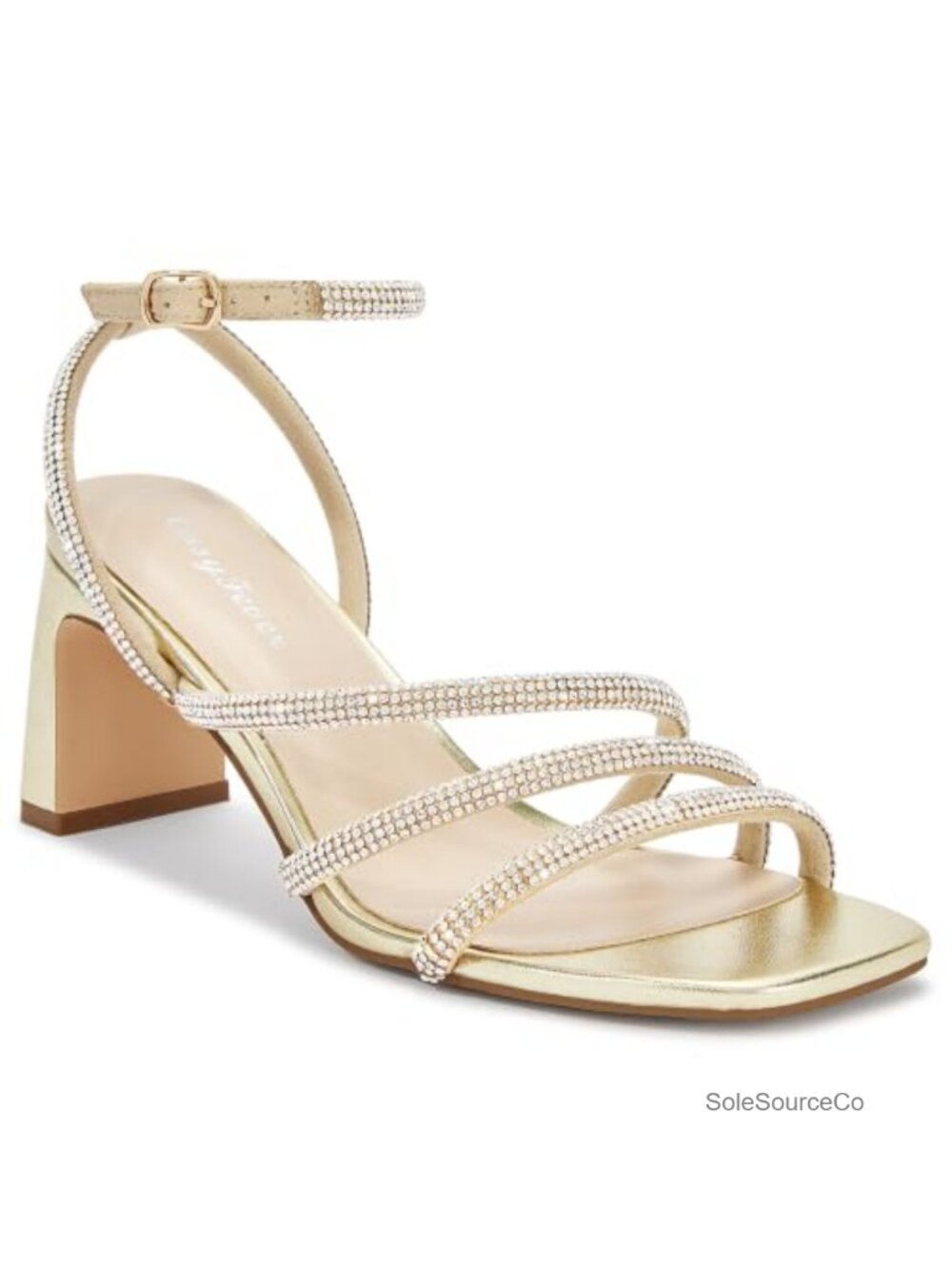 Rhinestone Block Heel Ankle Strap Square Toe Dress Heels